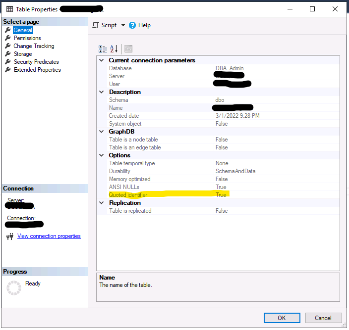 Table properties highlighting QUOTED_IDENTIFIER settings