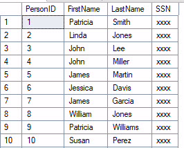 SQL Server Dynamic Data Masking at work. SSN's are masked for this user.